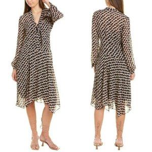 Theory Linden Tie Neck Brown Black Geometric Handkerchief Hem Dress 6 Reg $495